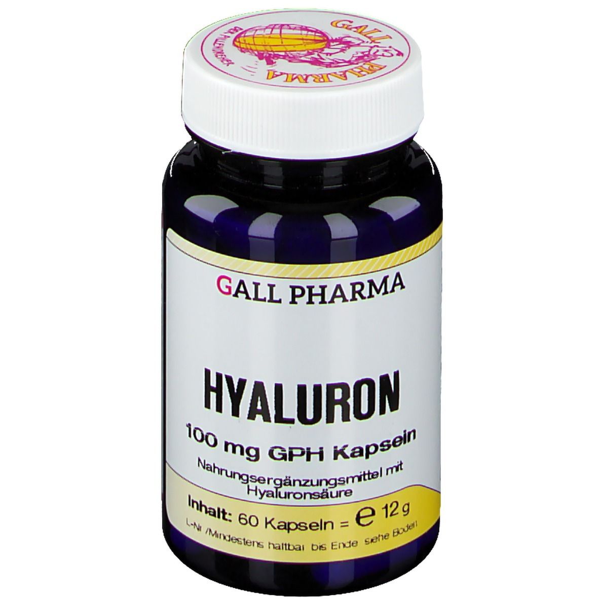 Dunkelblaue Flasche mit weißem Deckel. Aufschrift: GALL PHARMA, HYALURON 100 mg GPH Kapseln. Inhalt: 60 Kapseln.