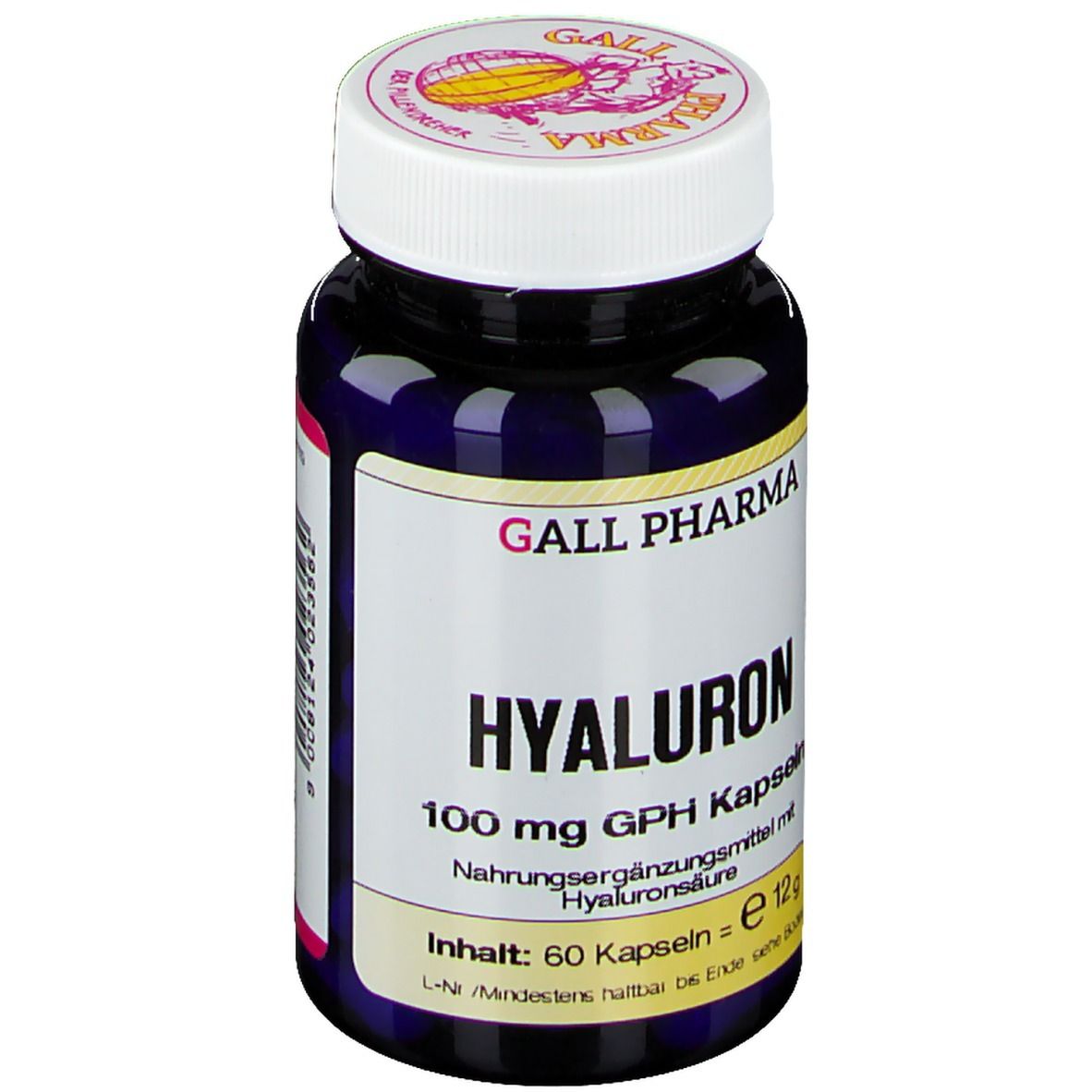 Dunkelblaue Flasche mit weißem Deckel. Aufschrift: GALL PHARMA, HYALURON 100 mg GPH Kapseln. Inhalt: 60 Kapseln.