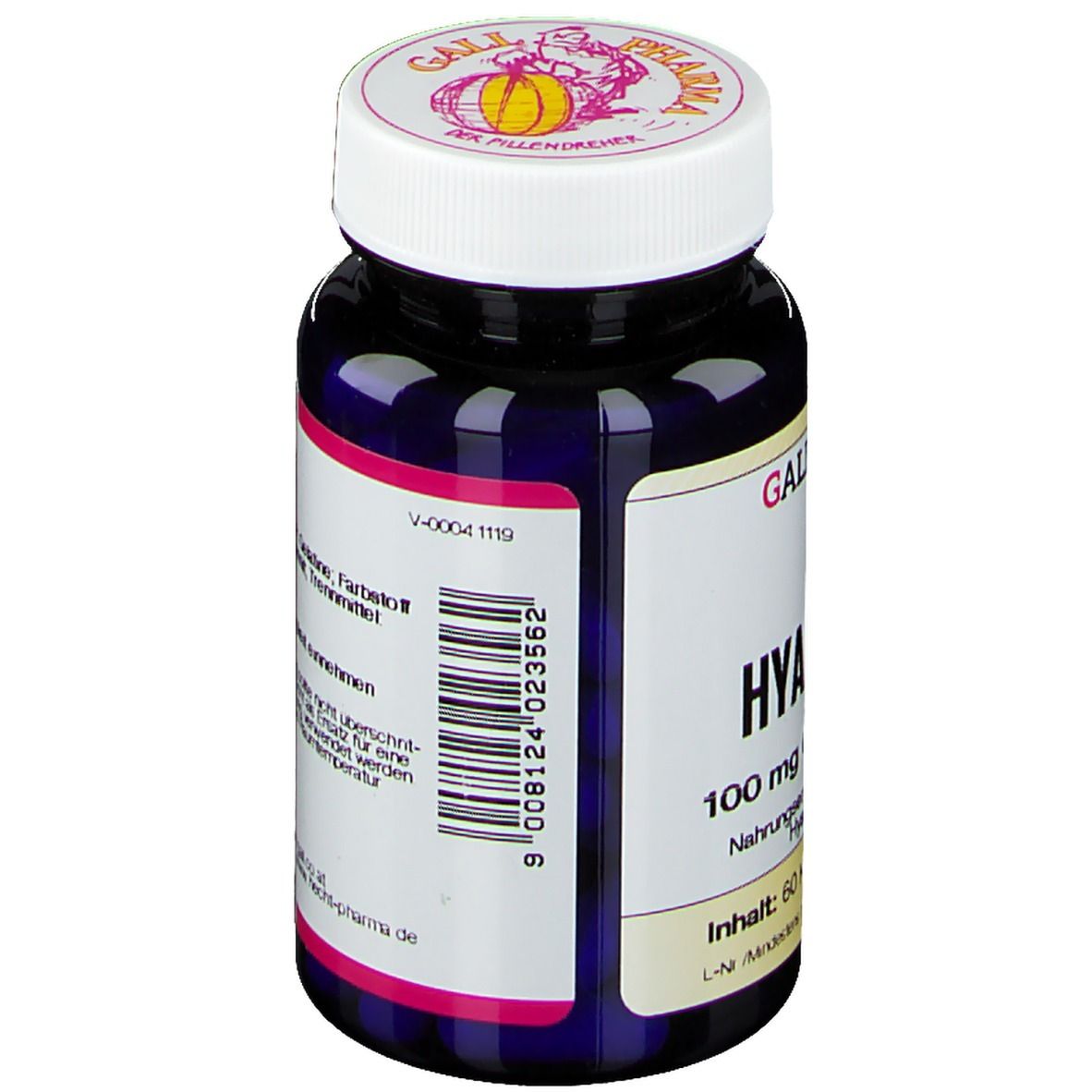 Dunkelblaue Flasche mit weißem Deckel. Aufschrift: GALL PHARMA, HYALURON 100 mg GPH Kapseln. Barcode und Herstellerinformationen.