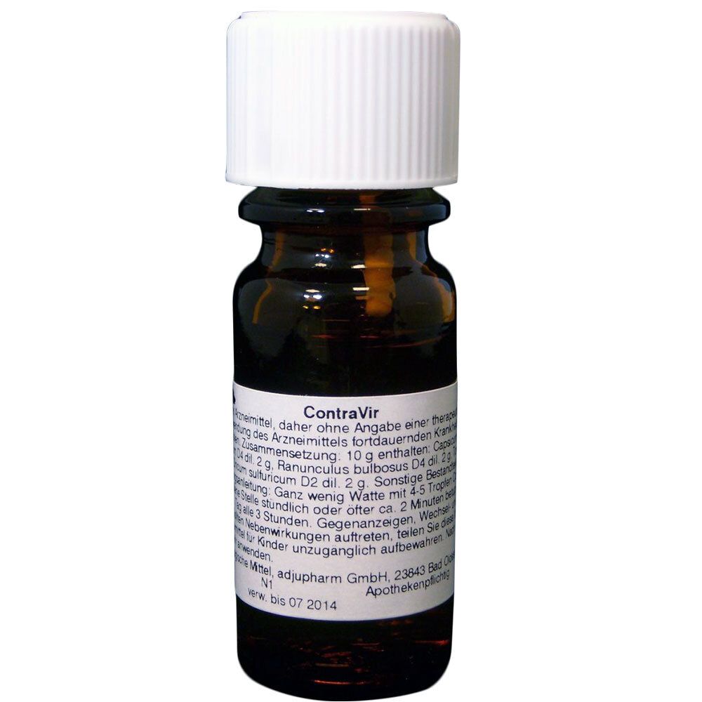 Braune Glasflasche mit weißem Deckel. Beschriftung mit Produktnamen und Inhaltsstoffen. Apothekenpflichtig.
