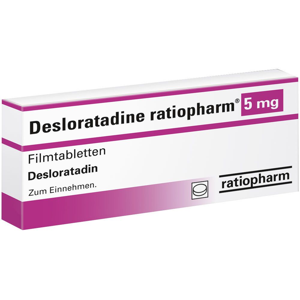 Schachtel mit Desloratadine ratiopharm® 5 mg Filmtabletten. Weiß, mit pinkfarbenen Akzenten. Schriftzug und Logo.