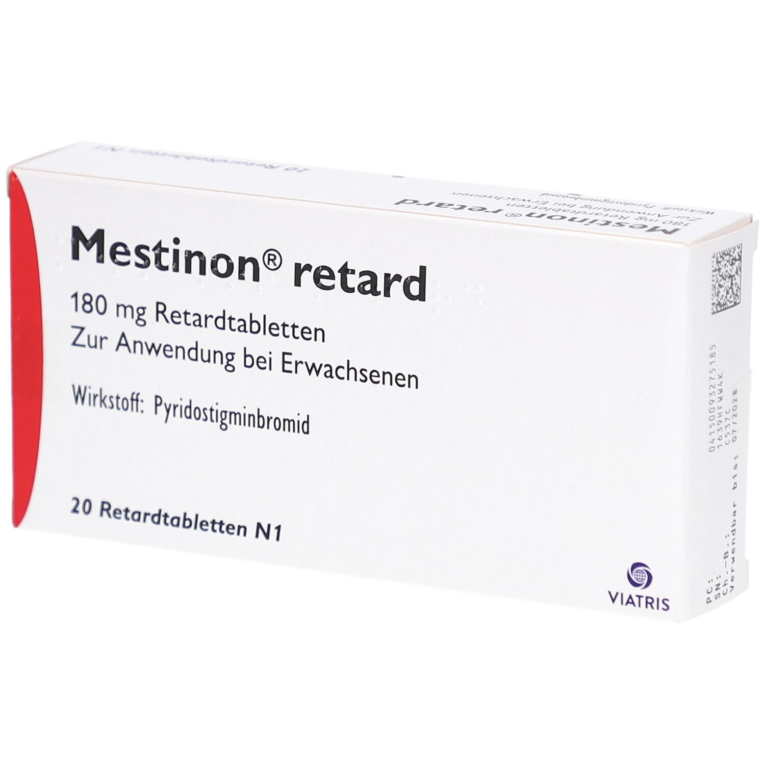 Schachtel mit "Mestinon retard"-Tabletten. Enthält 20 Retardtabletten. Aufschrift: 180 mg, zur Anwendung bei Erwachsenen.
