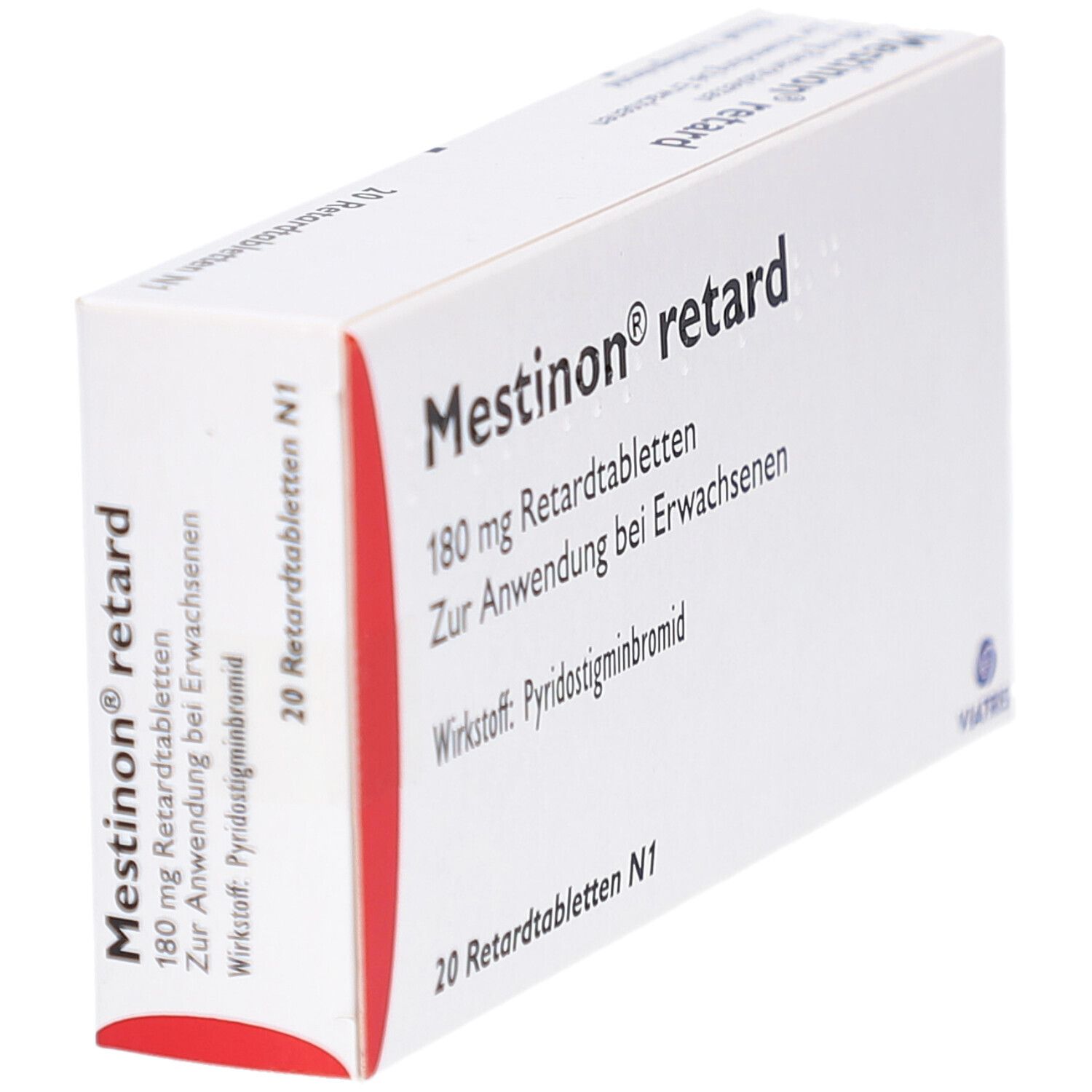 Schachtel "Mestinon retard" mit 20 Retardtabletten. Aufschrift: 180 mg, zur Anwendung bei Erwachsenen. Rote Seitenfläche.