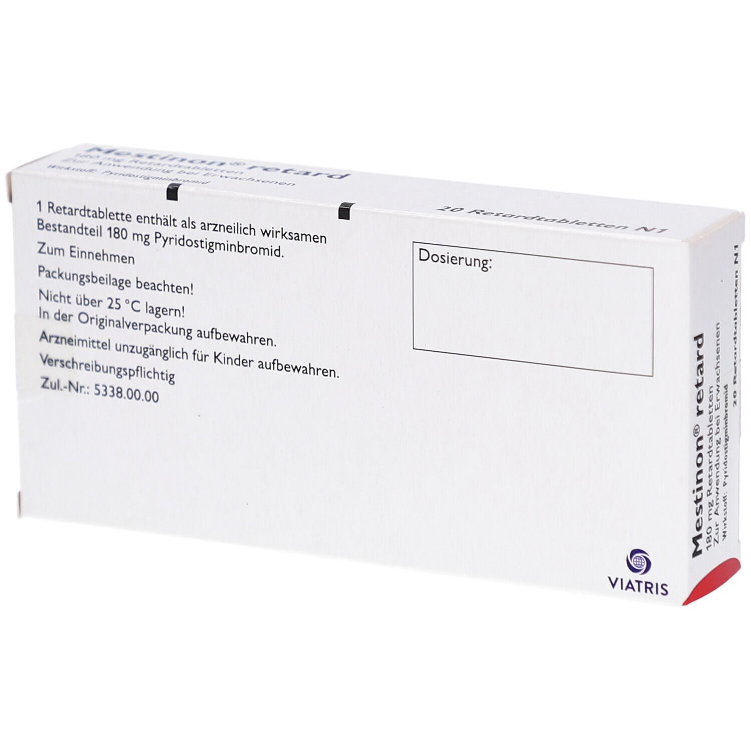 Rückseite der "Mestinon retard"-Schachtel. Enthält Informationen zu Inhaltsstoffen, Dosierung und Lagerung. Viatris Logo.