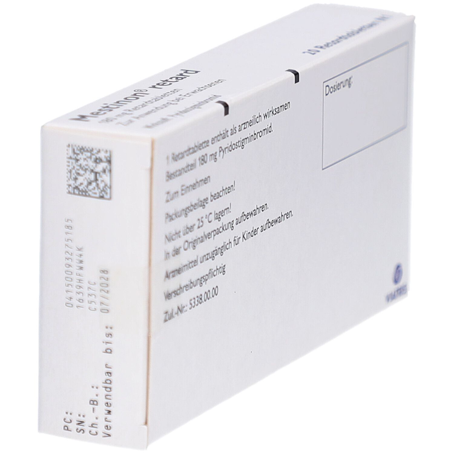 Rückseite der "Mestinon retard"-Schachtel. Enthält Informationen und Codes. Verwendbar bis 07/2028. Viatris Logo.