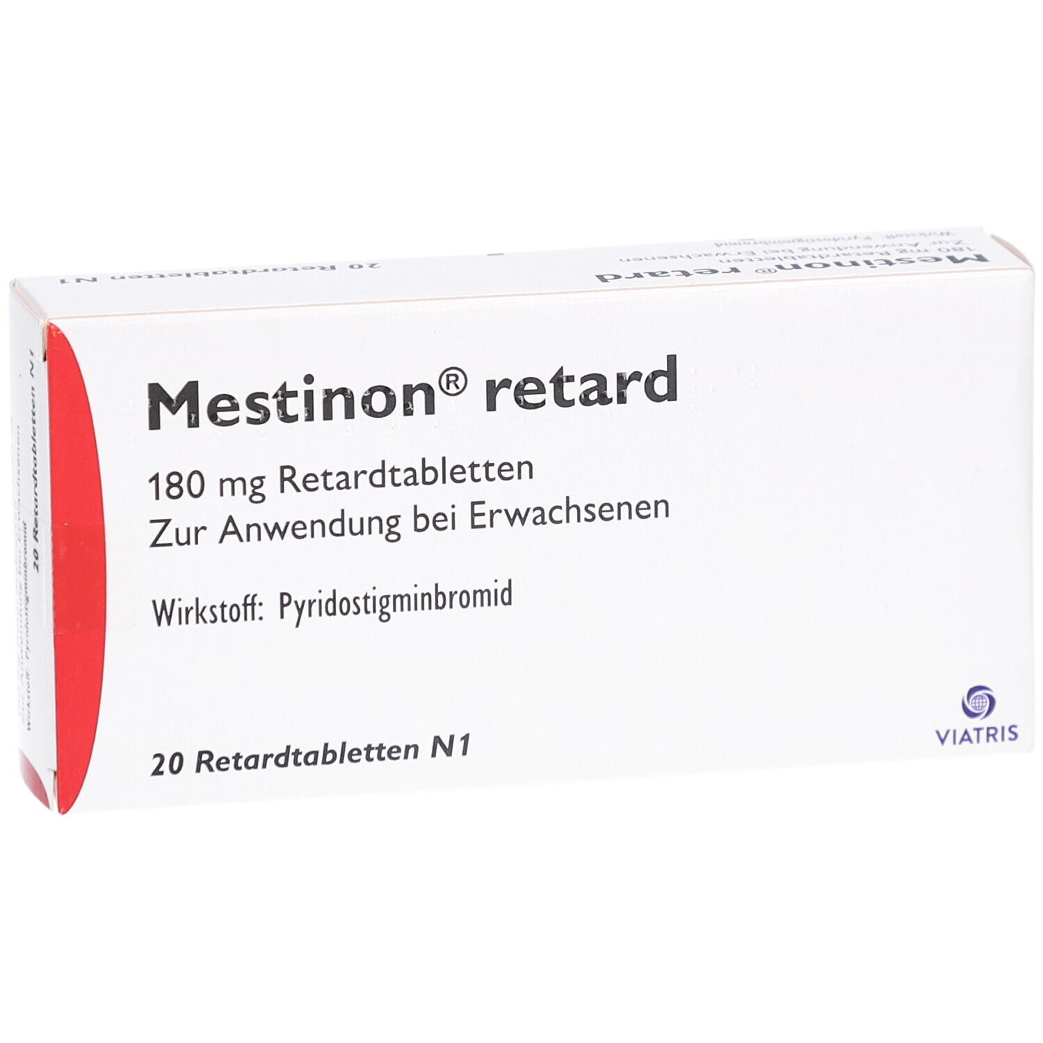 Schachtel "Mestinon retard" mit 20 Retardtabletten. Aufschrift: 180 mg, zur Anwendung bei Erwachsenen. Viatris Logo.