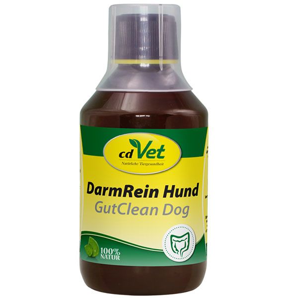 Braune Flüssigkeit in einer Flasche mit gelb-grünem Etikett. Aufschrift: DarmRein Hund, GutClean Dog. Logo: cd Vet.