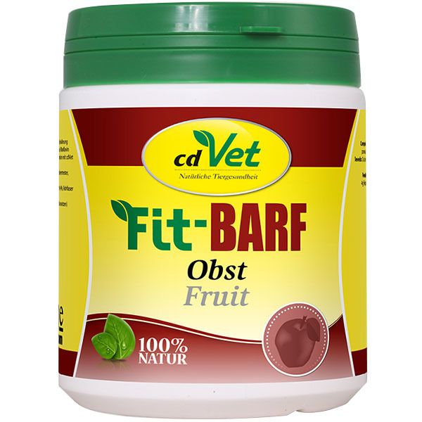 Behälter mit grünem Deckel. Aufschrift: cd Vet, Fit-BARF Obst, 100% Natur. Abbildung eines Apfels und Blätter.