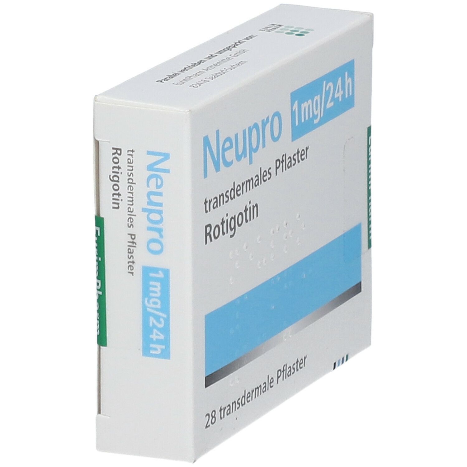Schachtel "Neupro 1mg/24h", weiß mit blauem Streifen. Text: "transdermales Pflaster". 28 Stück. EurimPharm.