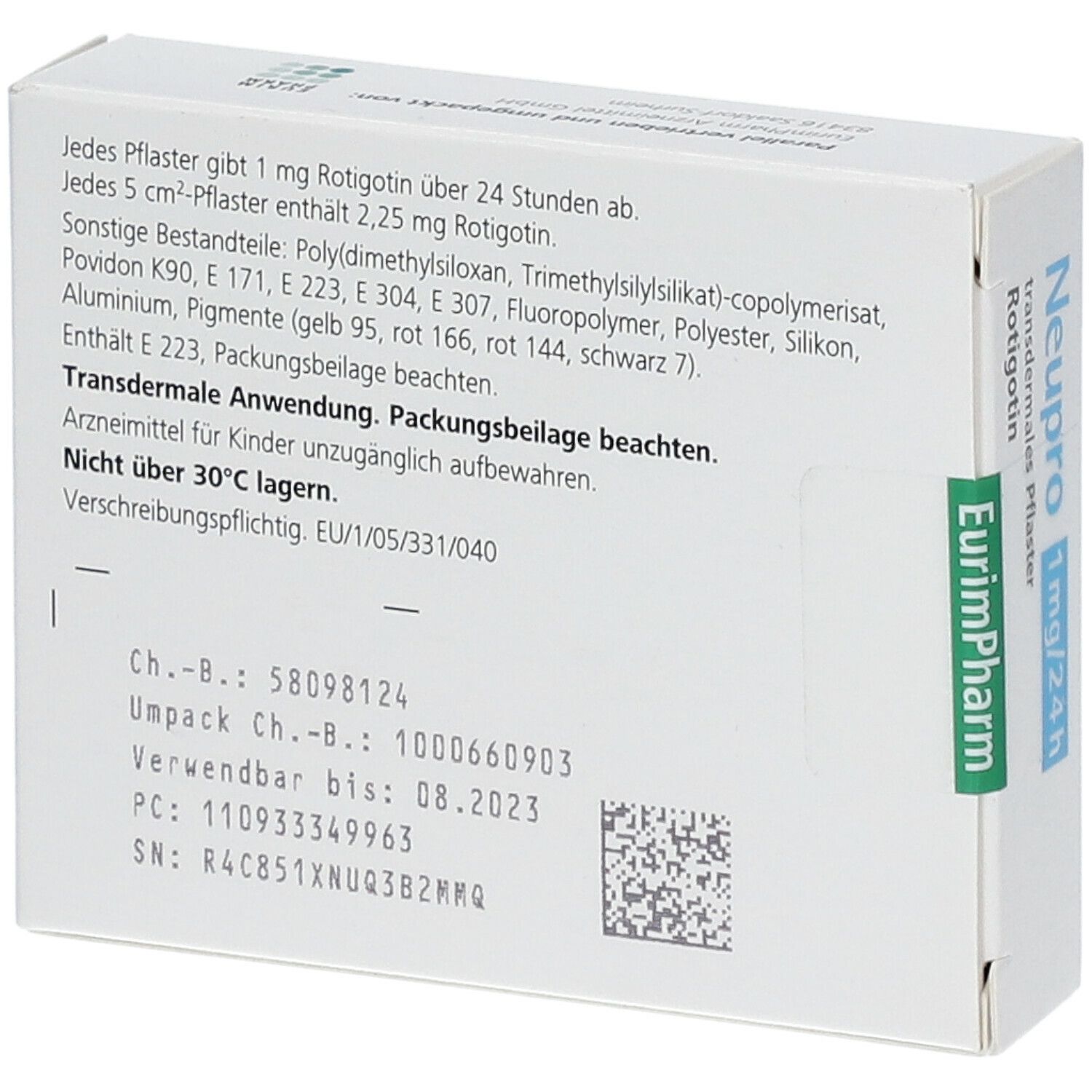 Rückseite der "Neupro"-Schachtel. Text: Inhaltsstoffe, Dosierung, Chargennummer, Verfallsdatum. EurimPharm-Logo.