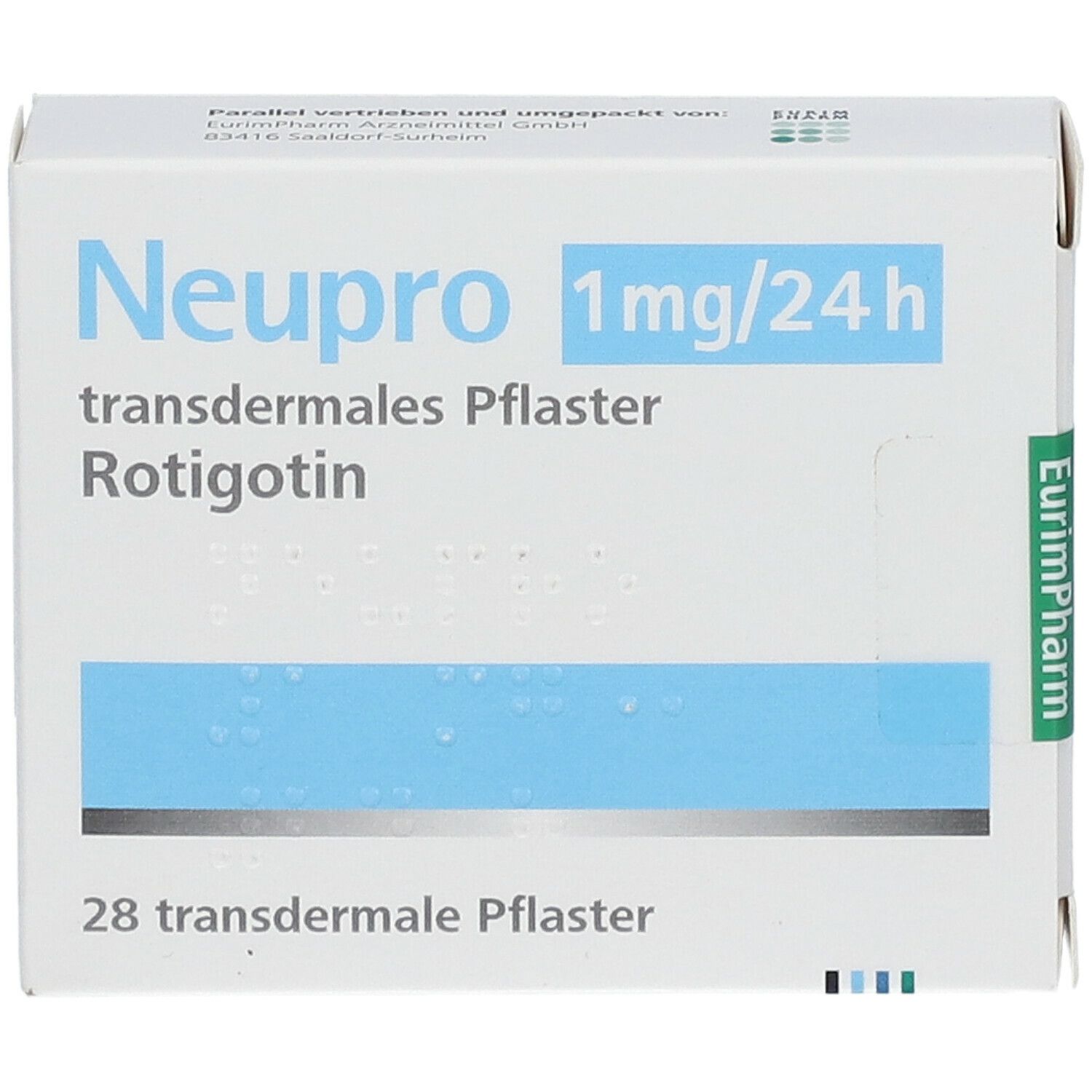 Weiße Schachtel "Neupro 1mg/24h" mit blauem Muster. Text: "transdermales Pflaster". 28 Stück. EurimPharm-Logo.