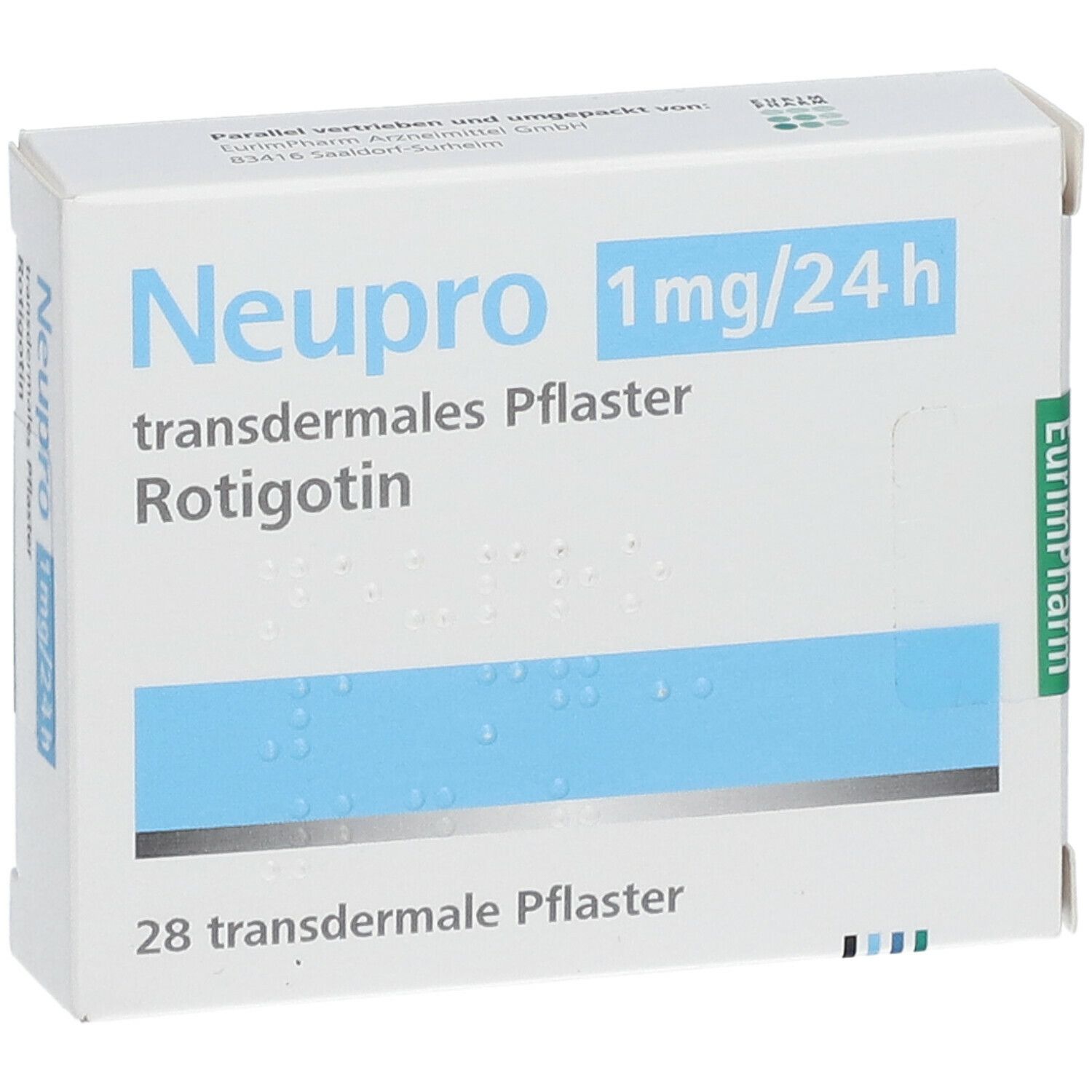Weiße Schachtel "Neupro 1mg/24h" mit blauem Streifen. Text: "transdermales Pflaster". 28 Stück. EurimPharm-Logo.