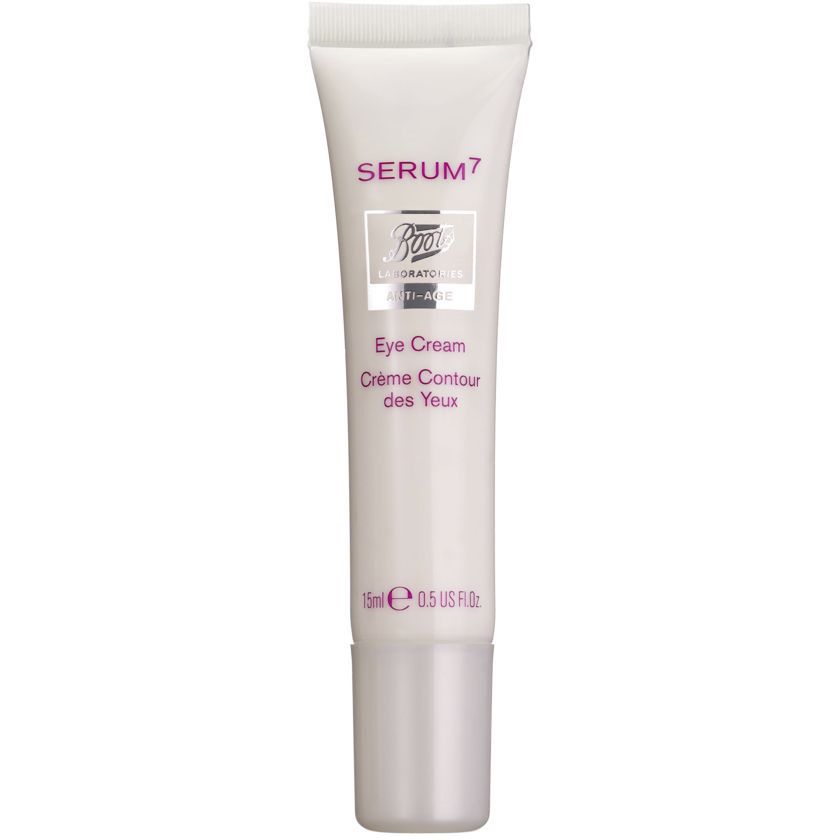 Weiße Tube mit "SERUM7" und "Eye Cream" Schriftzug. Marke Boots. 15ml.