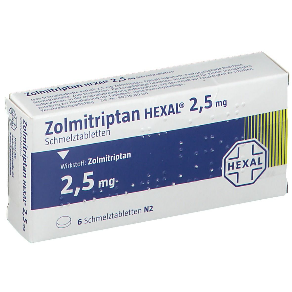 Karton von Zolmitriptan HEXAL 2,5 mg Schmelztabletten. Weißer Karton mit blauer und grüner Schrift. HEXAL Logo rechts.
