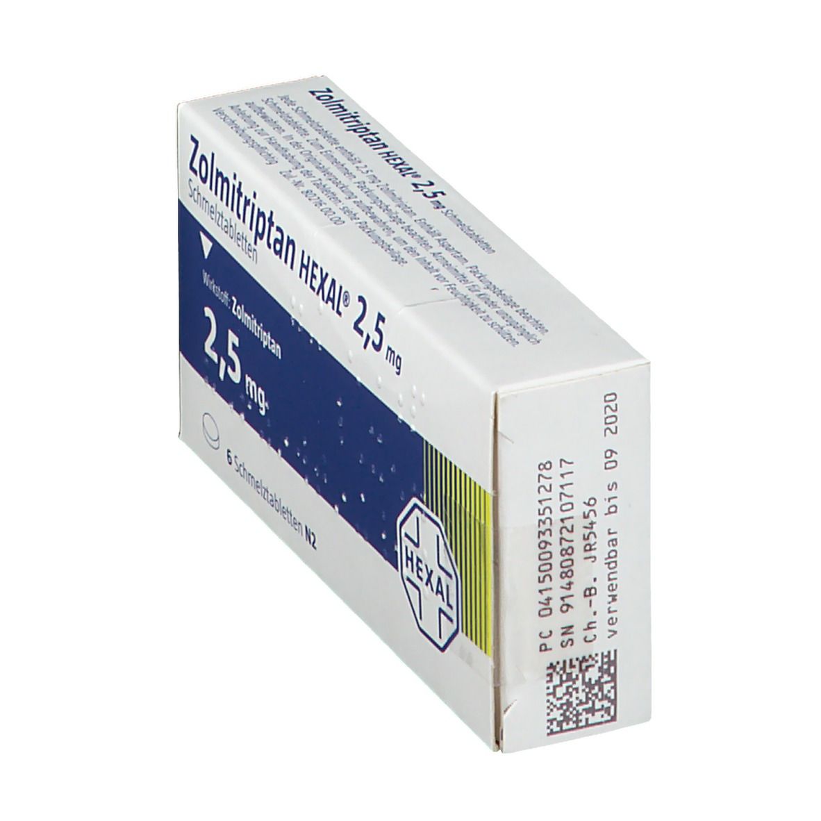Schräg gestellte Packung Zolmitriptan HEXAL 2,5 mg. Weißer Karton mit blauer Schrift. HEXAL Logo und Chargennummer.