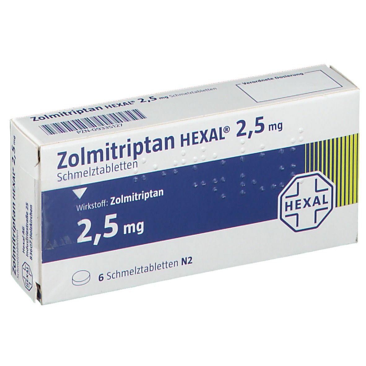 Karton von Zolmitriptan HEXAL 2,5 mg Schmelztabletten. Weißer Karton mit blauer und grüner Schrift. HEXAL Logo rechts.