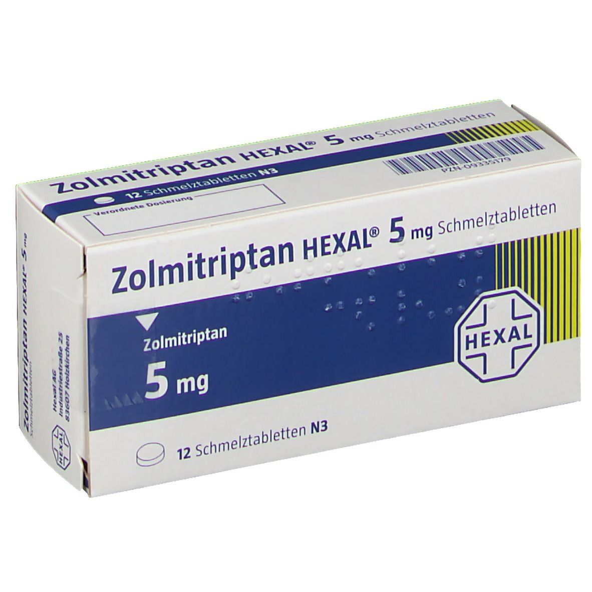 Zolmitriptan HEXAL 5 mg Schmelztabletten-Packung. Weiße Schachtel mit blauer Fläche und Produktinformationen. HEXAL-Logo.