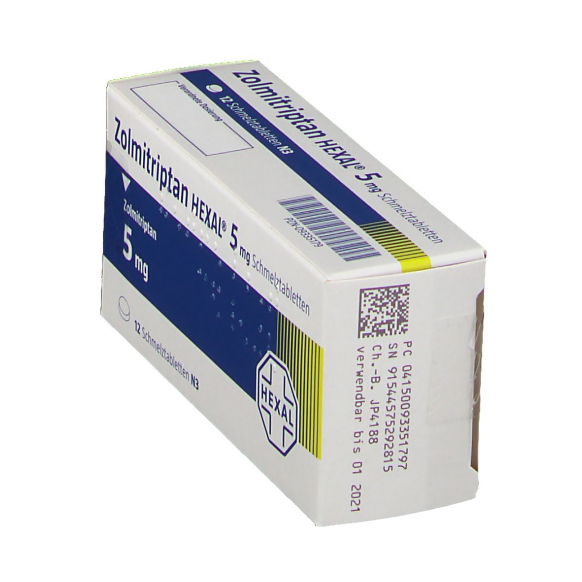 Zolmitriptan HEXAL 5 mg Schmelztabletten-Packung, schräg. Weiße Schachtel mit blauer Fläche und Produktinformationen. HEXAL-Logo.