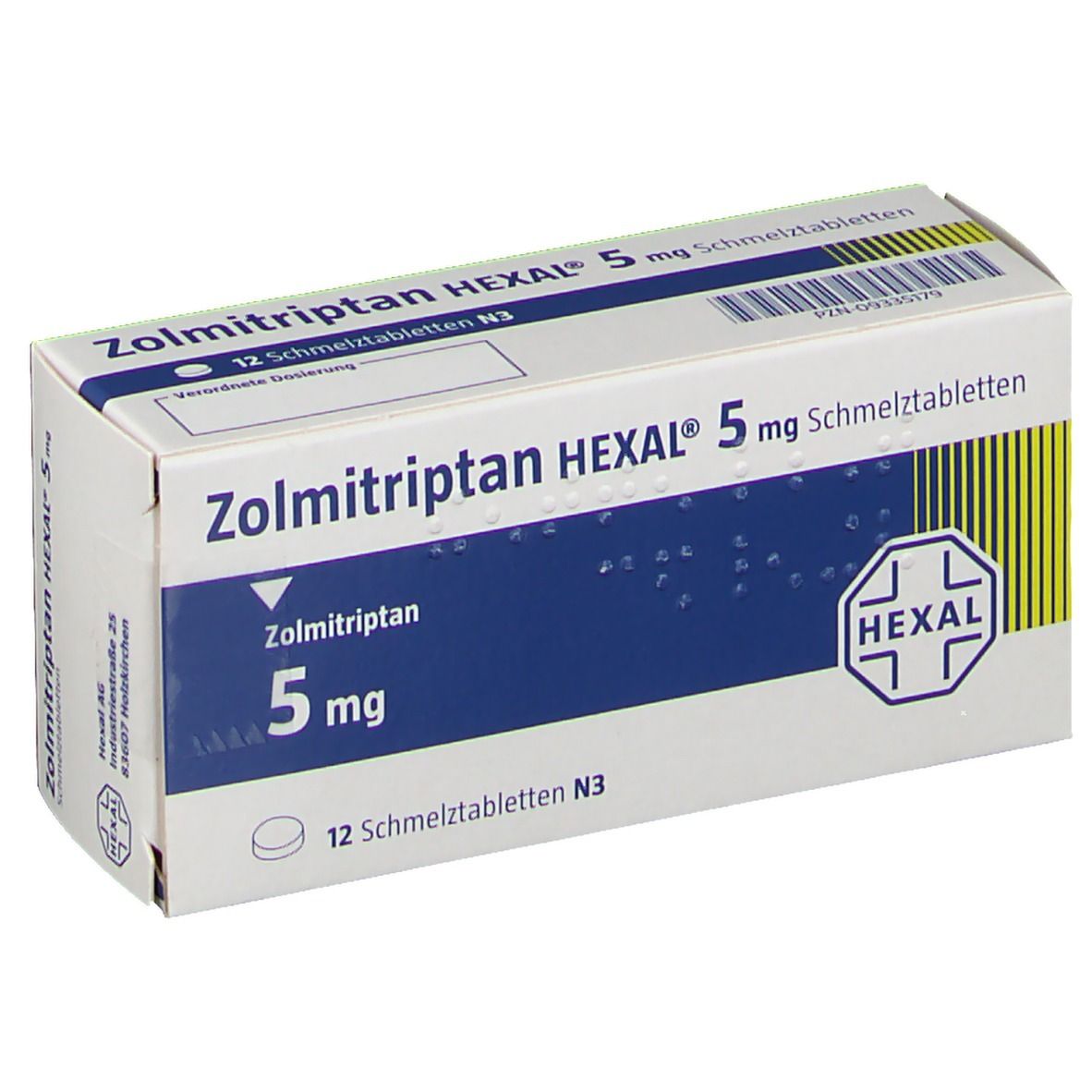 Zolmitriptan HEXAL 5 mg Schmelztabletten-Packung. Weiße Schachtel mit blauer Fläche und Produktinformationen. HEXAL-Logo.