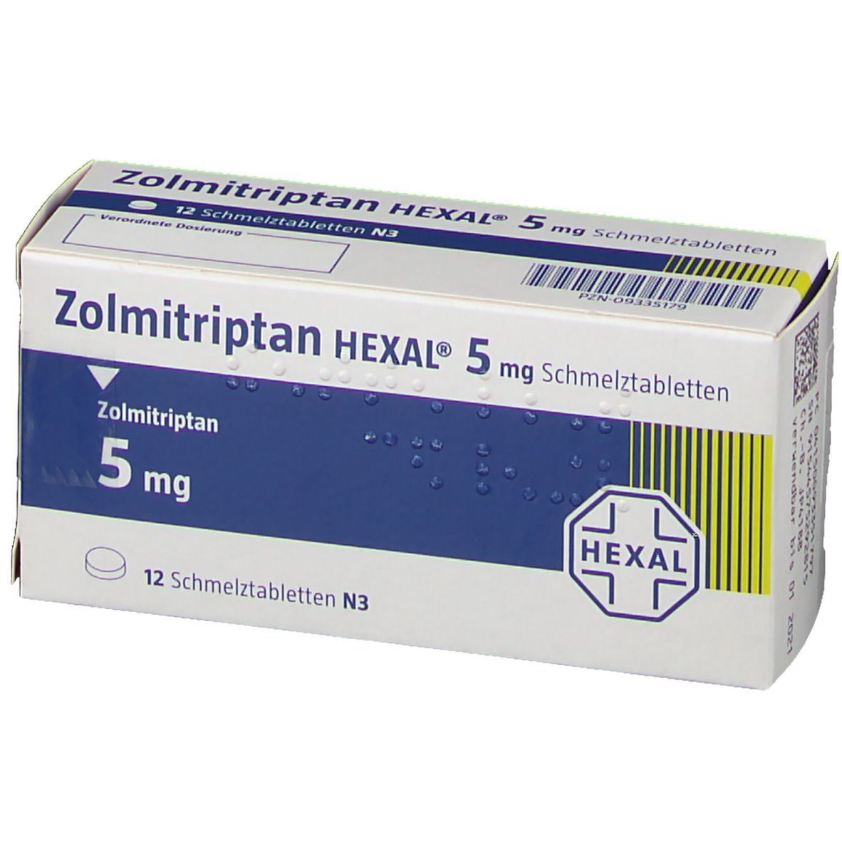 Zolmitriptan HEXAL 5 mg Schmelztabletten-Packung. Weiße Schachtel mit blauer Fläche und Produktinformationen. HEXAL-Logo.