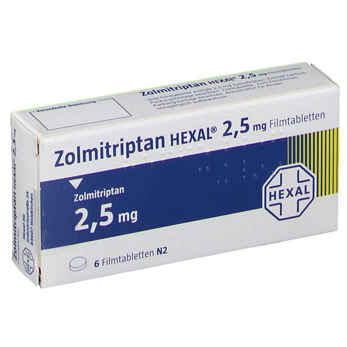 Schachtel mit Zolmitriptan HEXAL 2,5 mg Filmtabletten. Blaue und weiße Verpackung mit Logo und Produktinformationen. 6 Tabletten.