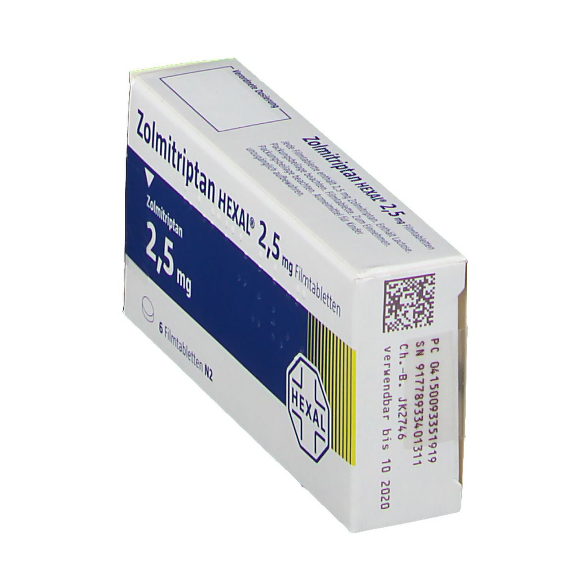 Schachtel Zolmitriptan HEXAL 2,5 mg Filmtabletten, schräg. Weiße Verpackung mit blauer Fläche und Logo. Haltbarkeitsdatum 10 2020.