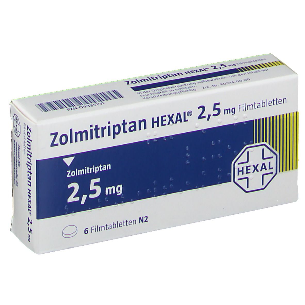 Schachtel mit Zolmitriptan HEXAL 2,5 mg Filmtabletten. Weiße Verpackung mit blauer Fläche und Logo. 6 Tabletten. Produktinformationen.