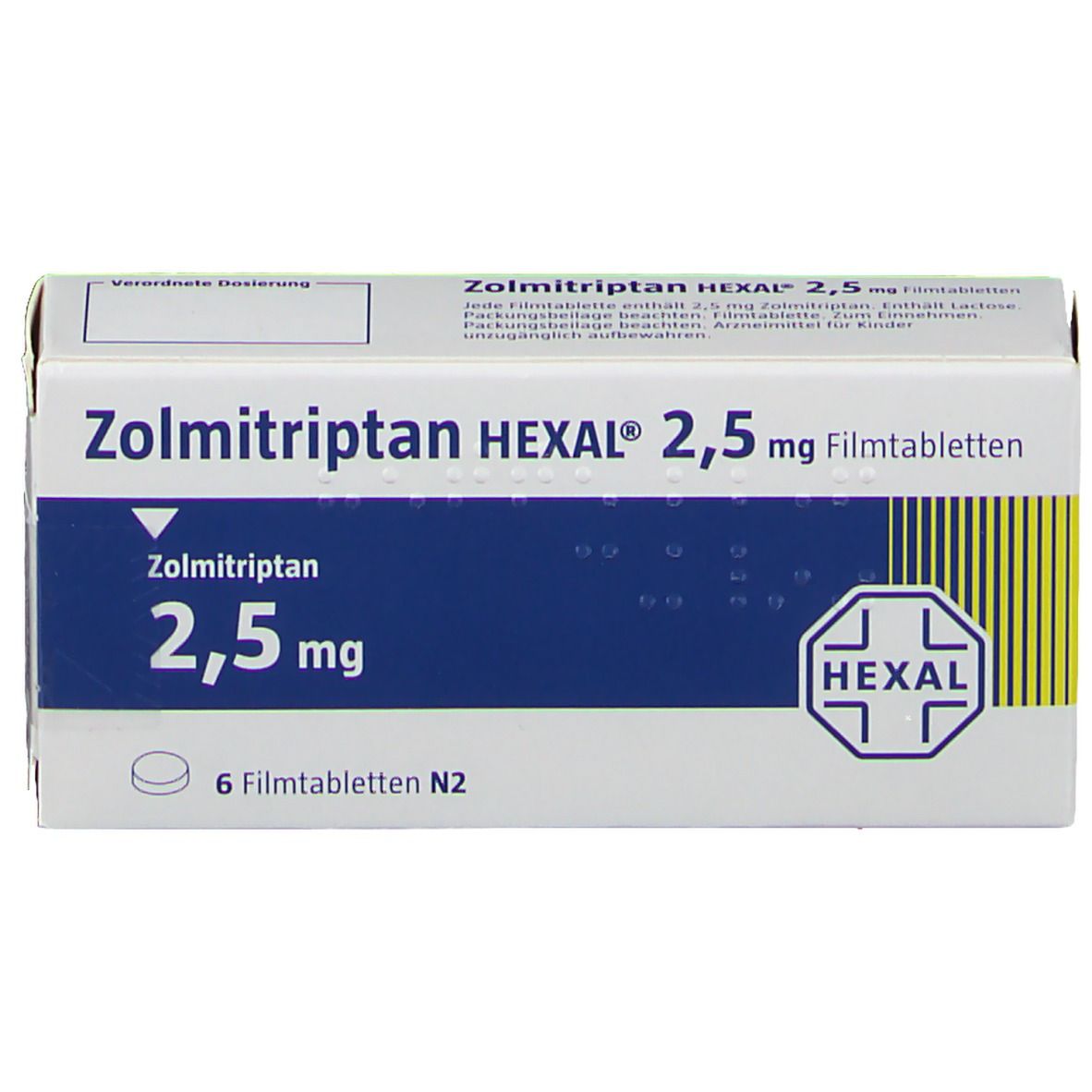 Schachtel mit Zolmitriptan HEXAL 2,5 mg Filmtabletten. Weiße Verpackung mit blauer Fläche und Logo. 6 Tabletten. Produktinformationen.