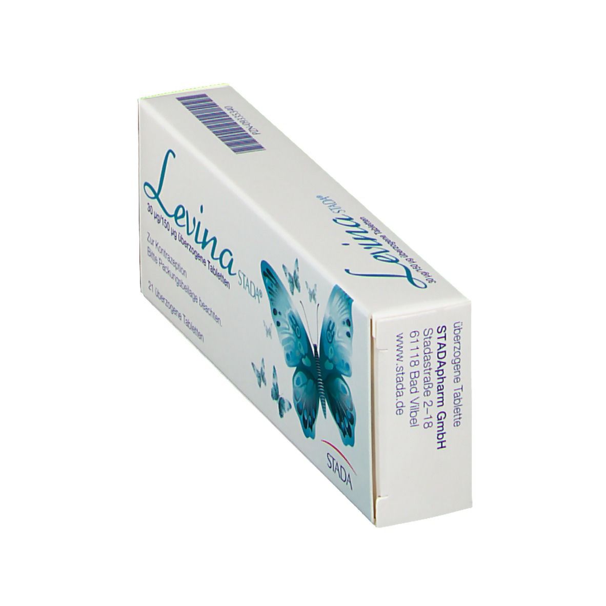 Schachtel Levina STADA, weiß mit blauer Schrift und Schmetterling. Enthält 21 überzogene Tabletten. Seitenansicht.