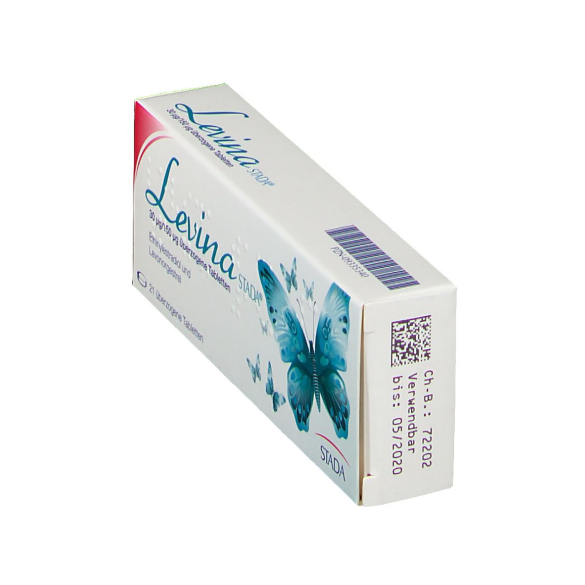 Schachtel Levina STADA, weiß mit rotem Akzent und blauer Schrift. Enthält 21 überzogene Tabletten. Haltbarkeitsdatum.