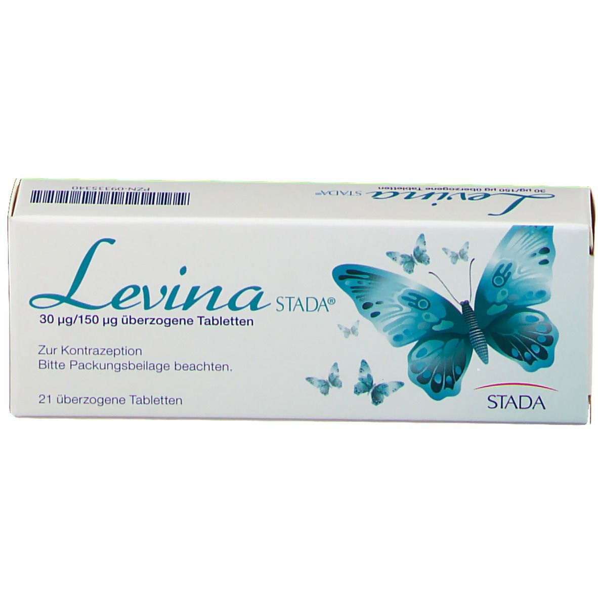 Weiße Schachtel mit blauer Schrift und Schmetterlingsmotiv. Enthält 21 überzogene Tabletten. Marke: Levina STADA.
