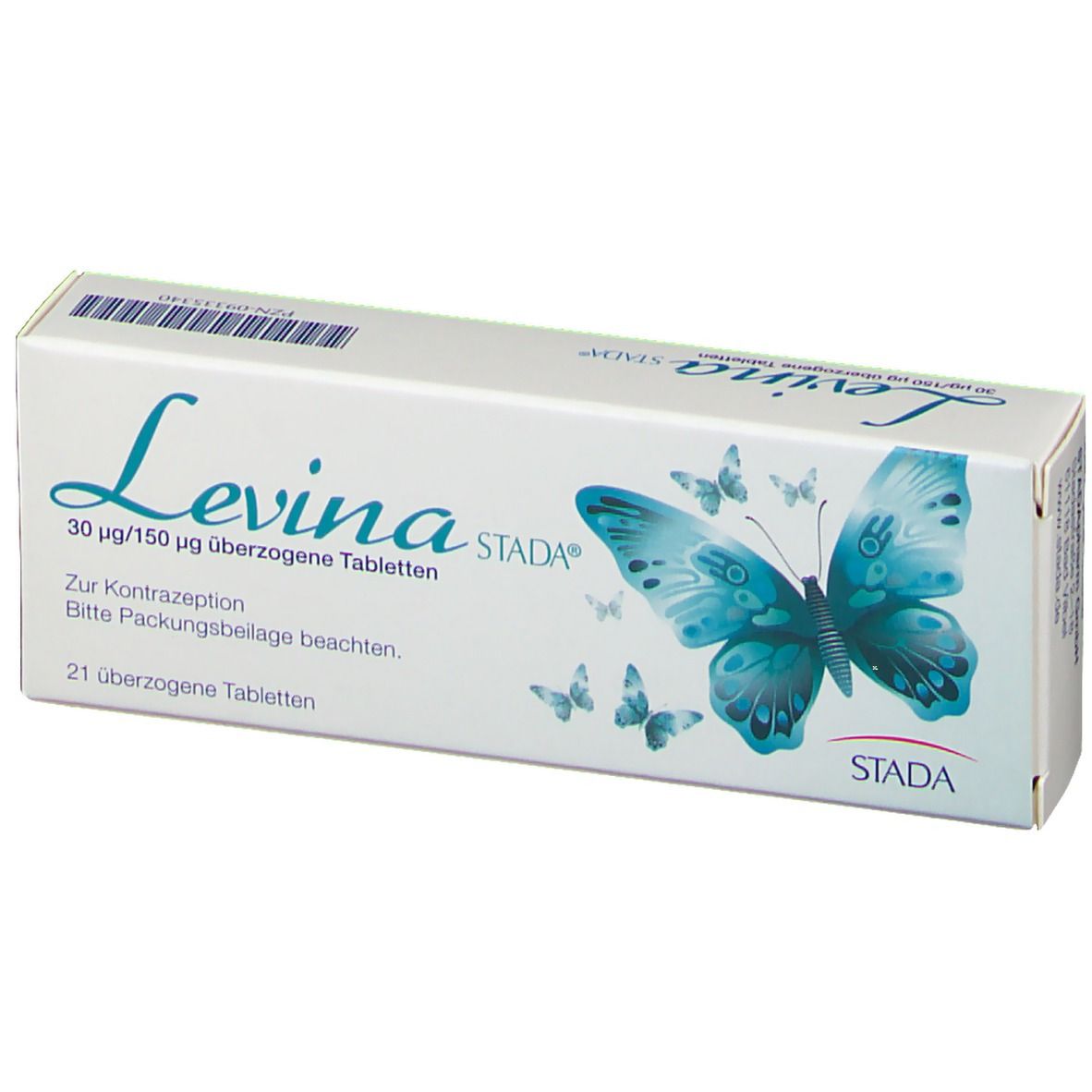 Weiße Schachtel mit blauer Schrift und Schmetterlingsmotiv. Enthält 21 überzogene Tabletten. Marke: Levina STADA.