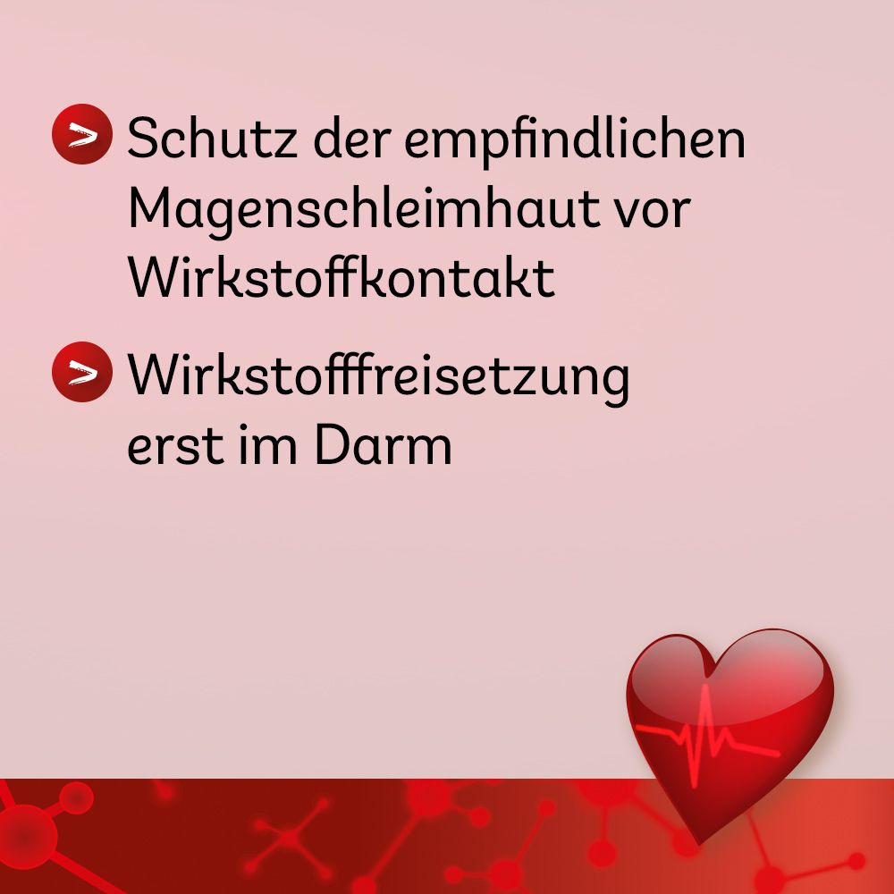 Text mit Pfeilen: Schutz der Magenschleimhaut, Wirkstofffreisetzung im Darm. Herz-Grafik.