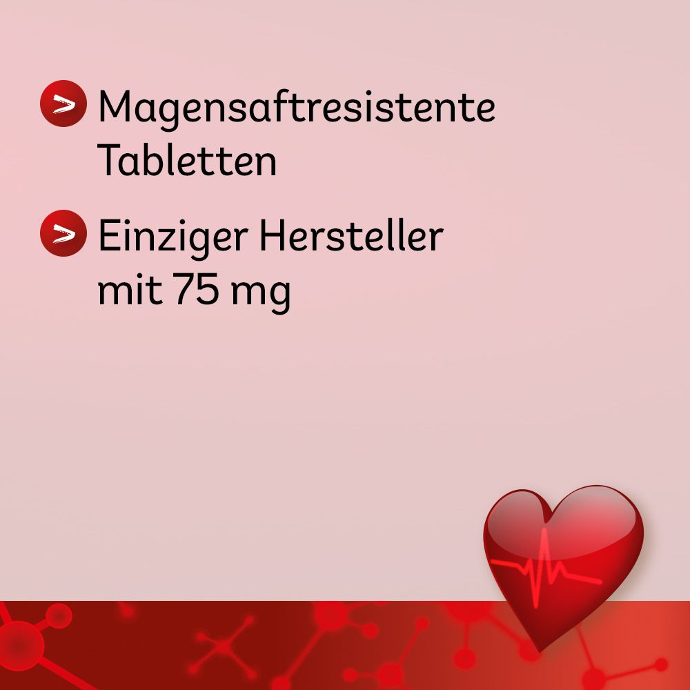 Text mit Pfeilen: Magensaftresistente Tabletten, einziger Hersteller mit 75 mg. Herz-Grafik.