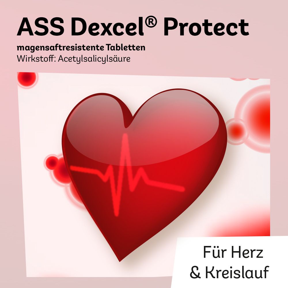 Rosa Hintergrund mit ASS Dexcel Protect, magensaftresistente Tabletten, Wirkstoff: Acetylsalicylsäure. Herz-Grafik.