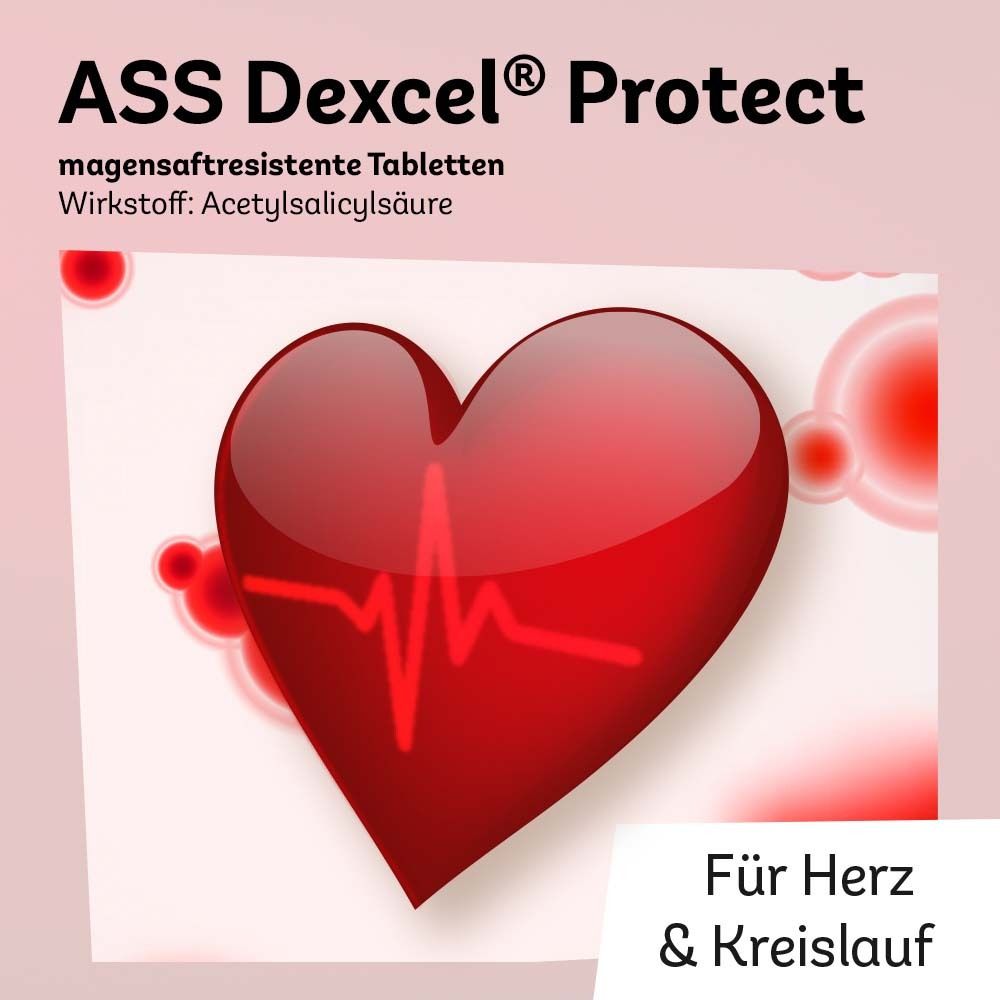 Rosa Hintergrund mit ASS Dexcel Protect, magensaftresistente Tabletten, Wirkstoff: Acetylsalicylsäure. Herz-Grafik.