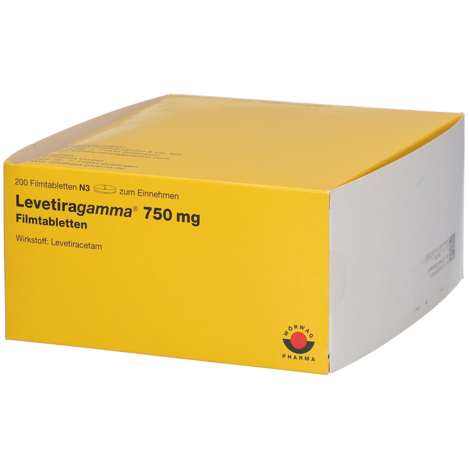 Gelbe Faltschachtel mit Aufschrift Levetiragamma 750 mg Filmtabletten. N3, 200 Filmtabletten. Logo: NORWAG PHARMA.