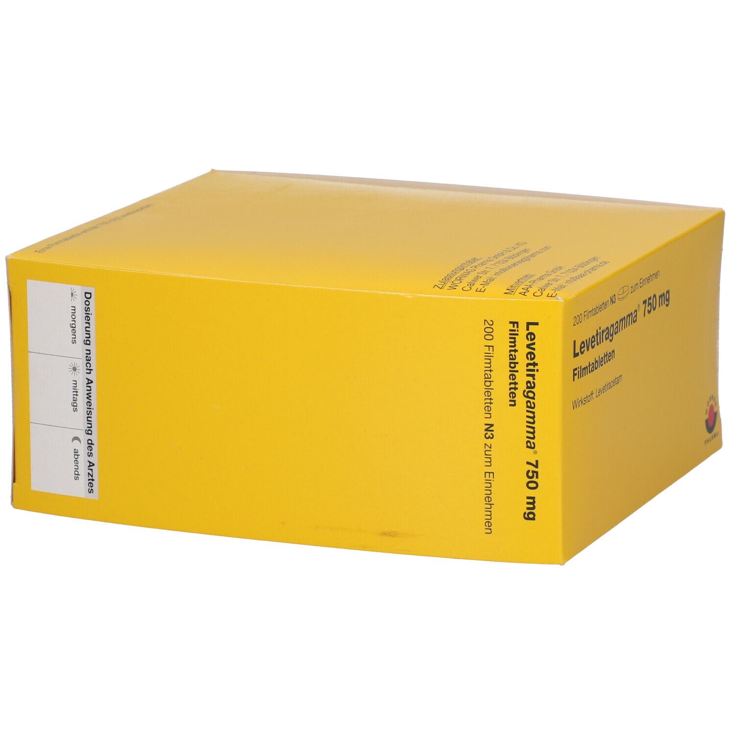 Gelbe Faltschachtel mit Aufschrift Levetiragamma 750 mg Filmtabletten. N3, 200 Filmtabletten. Logo: NORWAG PHARMA. Seitenansicht.