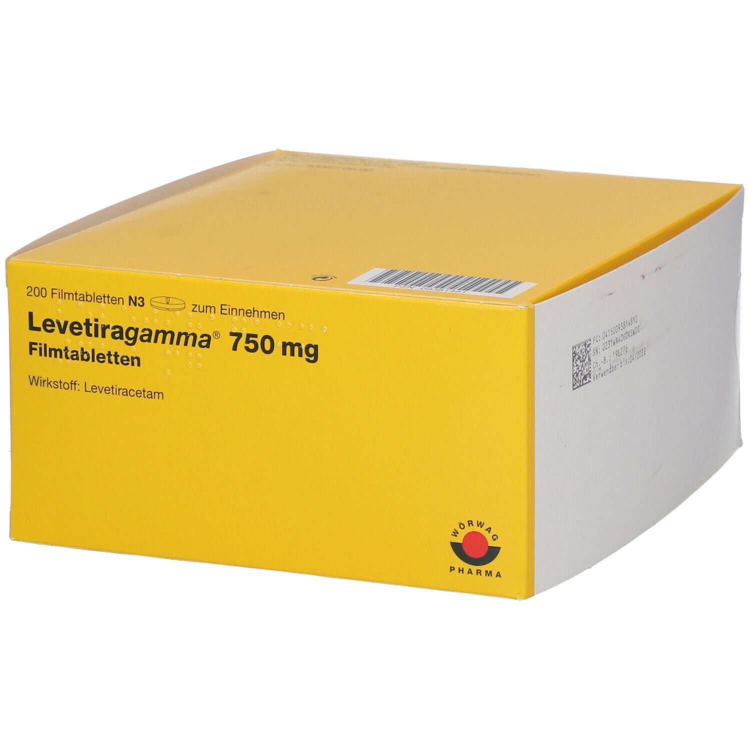 Gelbe Faltschachtel mit Aufschrift Levetiragamma 750 mg Filmtabletten. N3, 200 Filmtabletten. Logo: NORWAG PHARMA. Detailansicht.