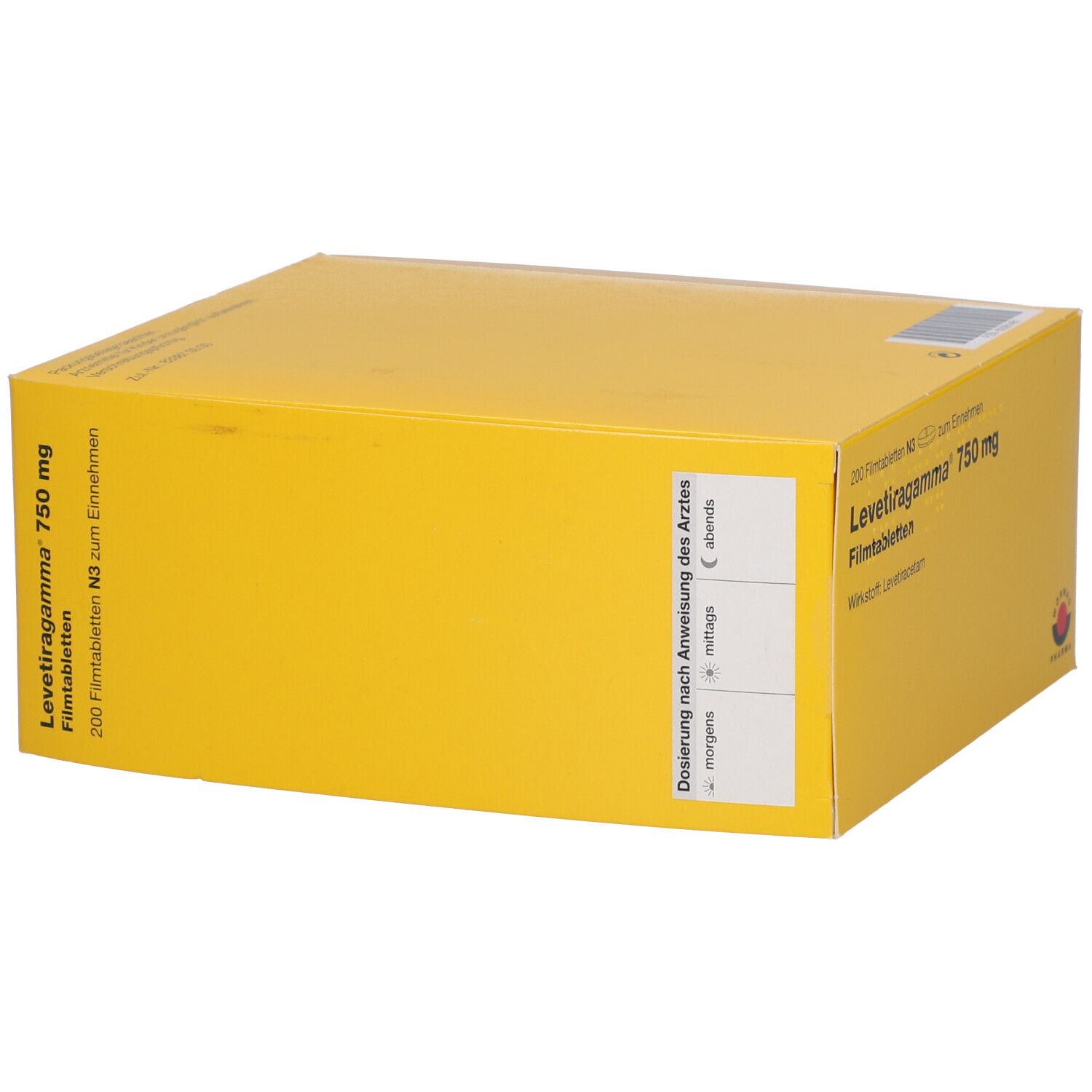 Gelbe Arzneimittelverpackung mit Aufschrift Levetiragamma 750 mg Filmtabletten. Enthält 200 Tabletten. Dosierungshinweis.