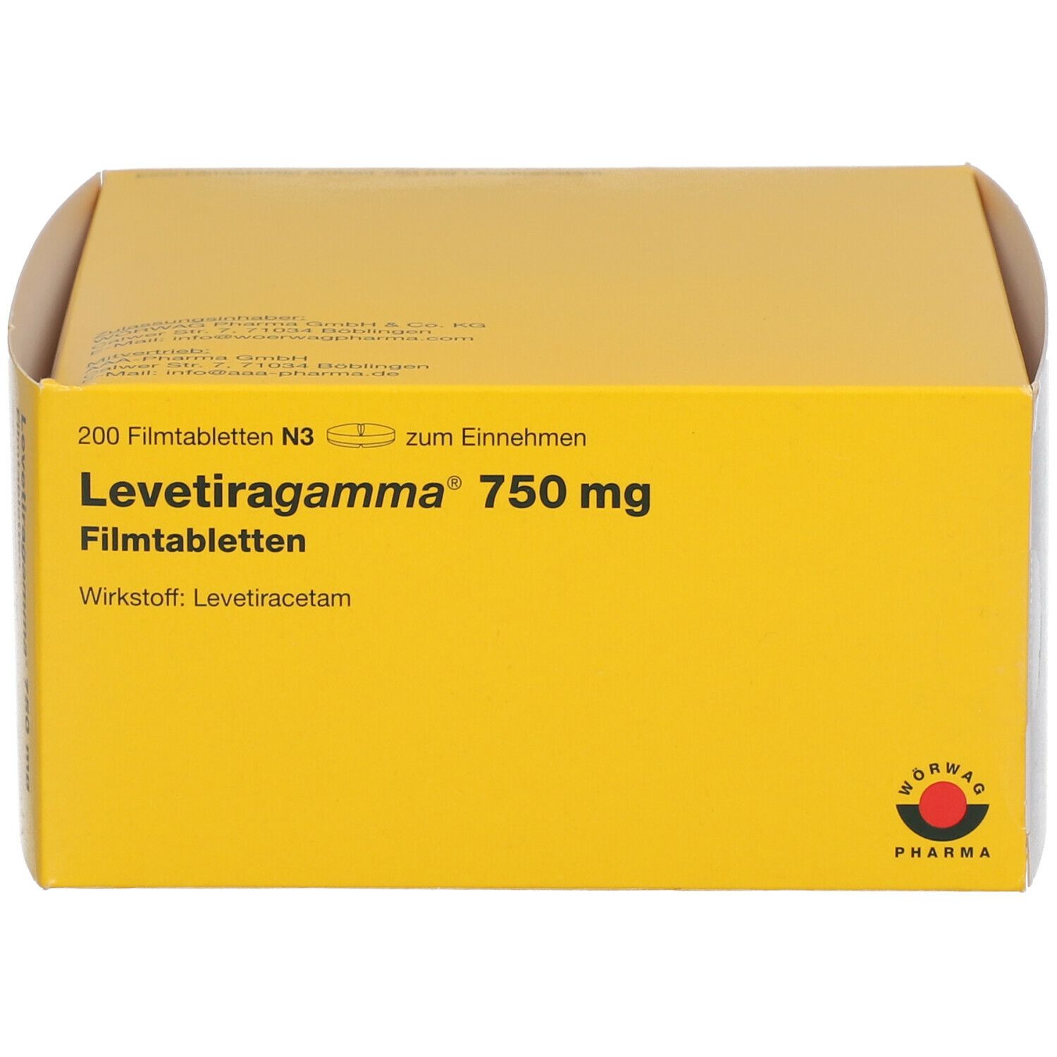 Gelbe Faltschachtel mit Aufschrift Levetiragamma 750 mg Filmtabletten. N3, 200 Filmtabletten. Logo: NORWAG PHARMA. Schrägansicht.