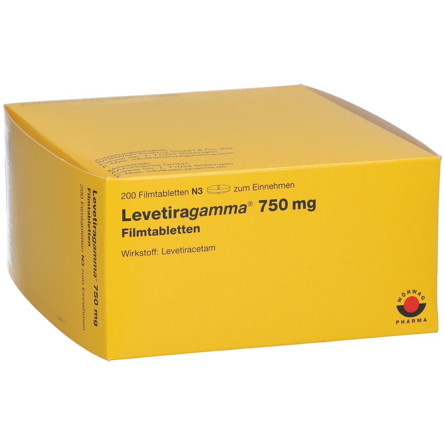 Gelbe Faltschachtel mit Aufschrift Levetiragamma 750 mg Filmtabletten. N3, 200 Filmtabletten. Logo: NORWAG PHARMA. Schrägansicht.