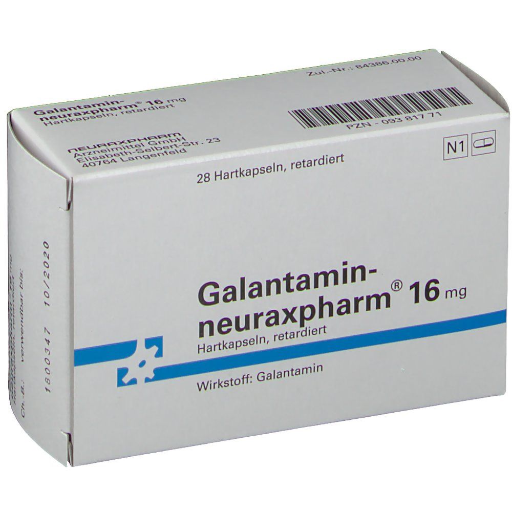 Schachtel mit Galantamin-neuraxpharm 16 mg. Blaue Linie, weißer Hintergrund. 28 Hartkapseln, retardiert.