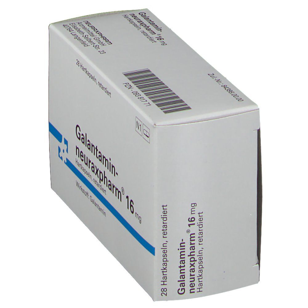 Schachtel Galantamin-neuraxpharm 16 mg. Blaue Linie. 28 Hartkapseln, retardiert. Weiße Schachtel, schräge Ansicht.