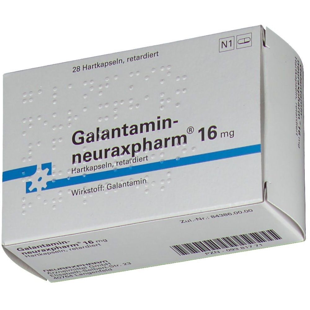 Schachtel Galantamin-neuraxpharm 16 mg. 28 Hartkapseln, retardiert. Weiße Schachtel, Nahaufnahme.