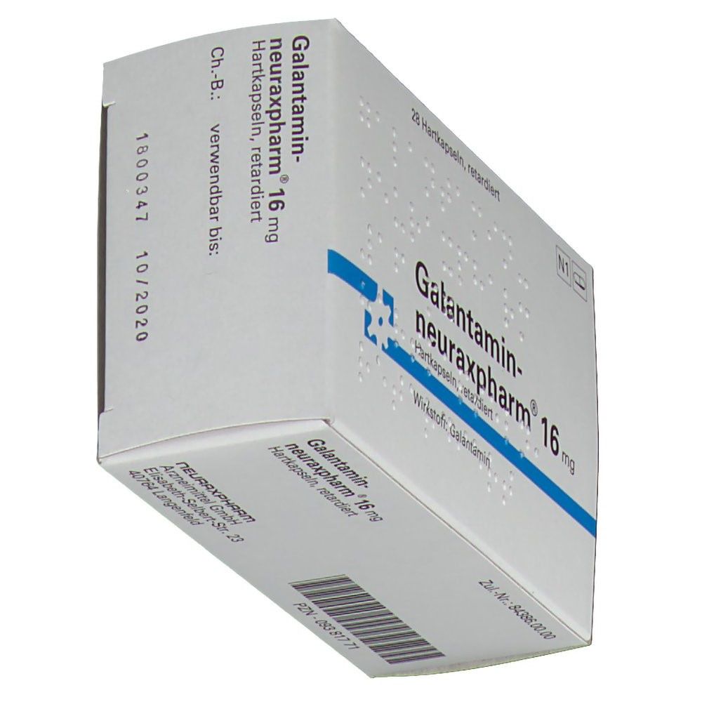 Schachtel Galantamin-neuraxpharm 16 mg. 28 Hartkapseln, retardiert. Weiße Schachtel, schräge Ansicht.