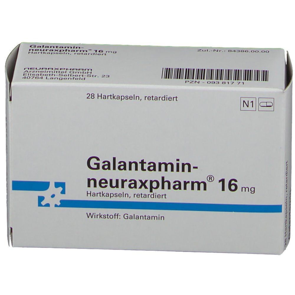 Schachtel Galantamin-neuraxpharm 16 mg. 28 Hartkapseln, retardiert. Weiße Schachtel, Frontansicht.