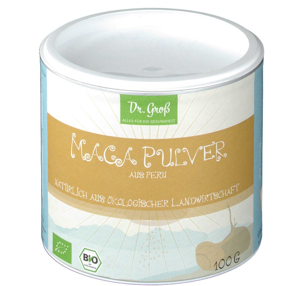 Zylinderdose mit Etikett. Aufschrift: Maca Pulver aus Peru. Bio-Siegel. 100g. Marke: Dr. Groß.