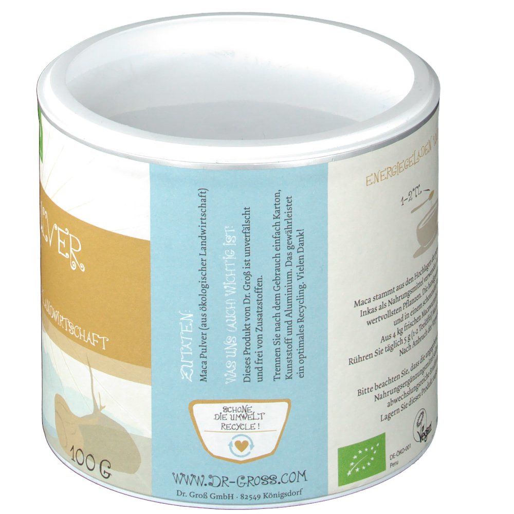 Rückseite der Dose. Text: Maca Pulver, aus ökologischer Landwirtschaft. Recycling-Hinweis. Bio-Siegel. 100g.
