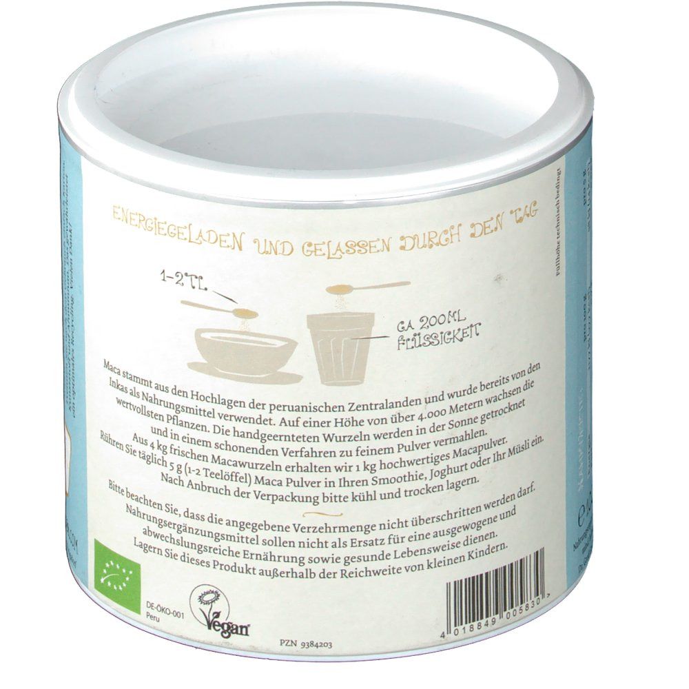 Rückseite der Dose. Text: Anwendungshinweise. Bio-Siegel. Vegan-Siegel. Dosierung: 1-2 TL pro Tag.